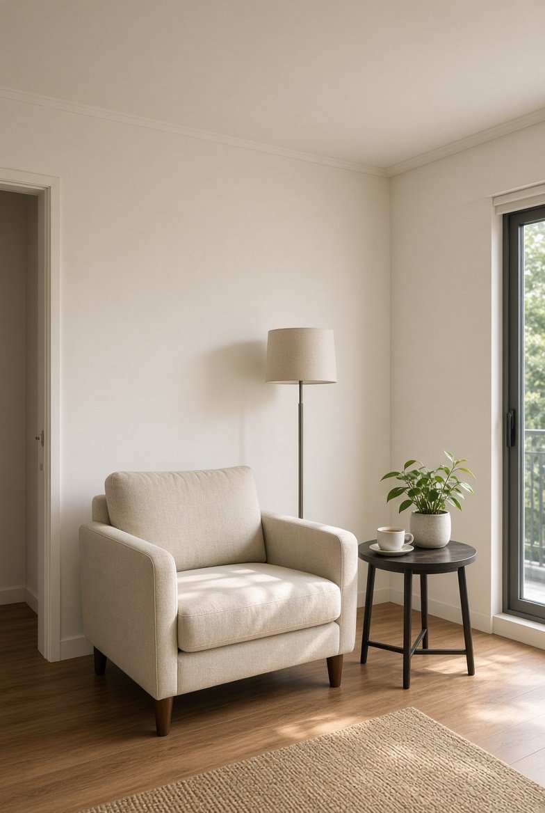 Calm lounge corner with armchair and lamp
