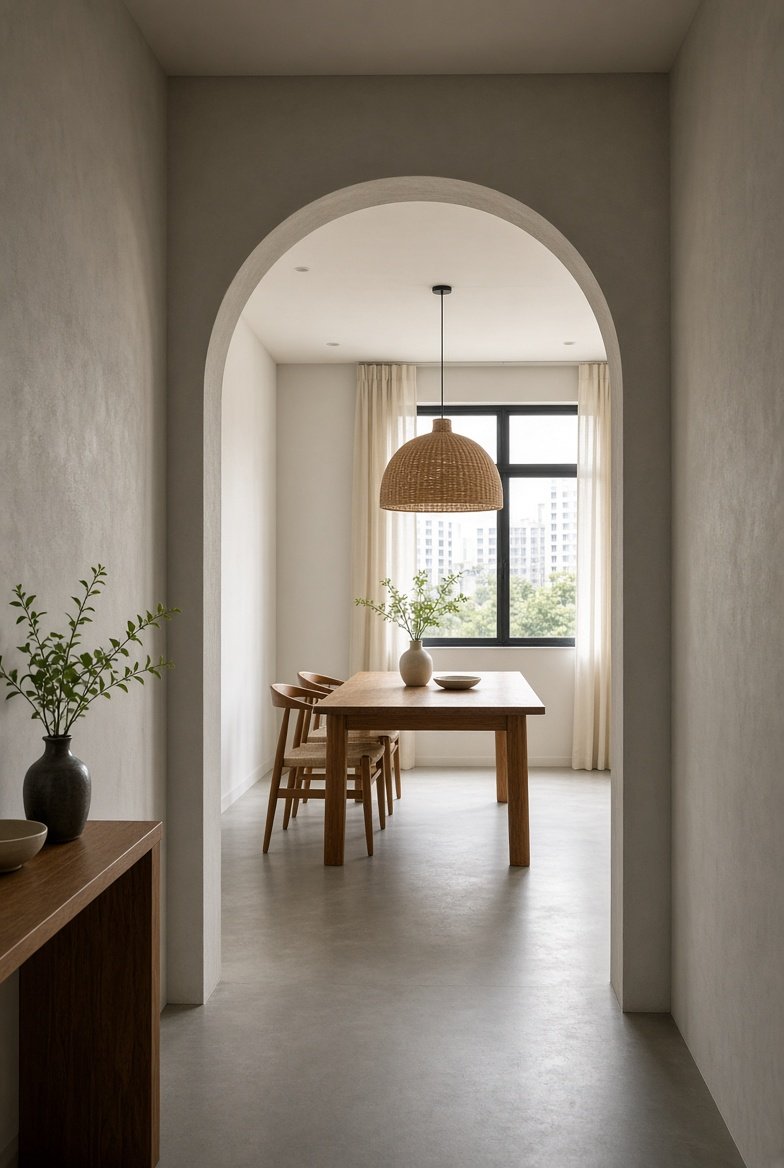 Serene Singapore apartment interior with arched doorway